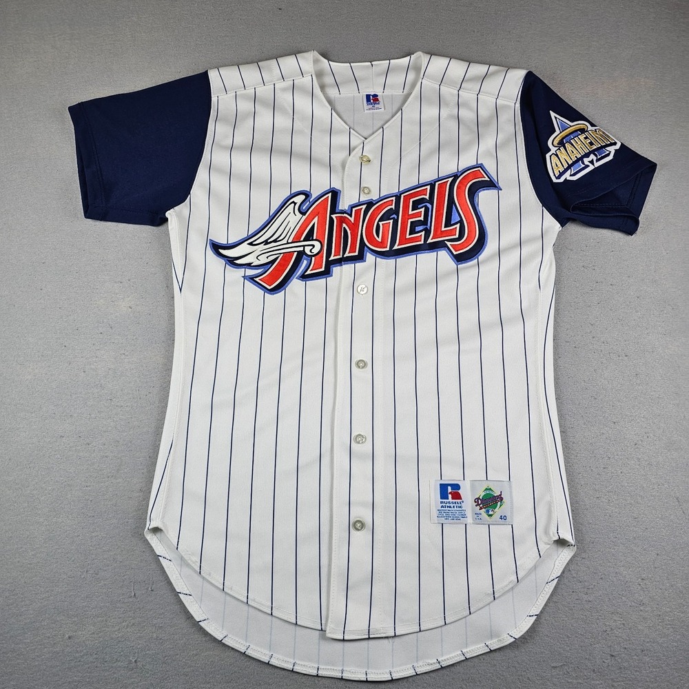 VTG Russell Anaheim Angels Jersey Mens 40 White Striped Embroidered Made in USA